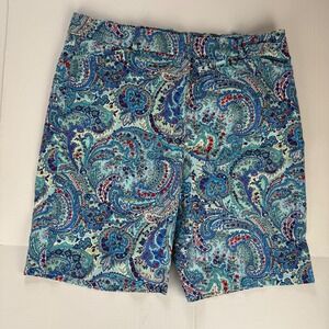 Talbots Womens Blue Paisley Cotton Stretch Bermuda Shorts Size 12 Preppy Beach